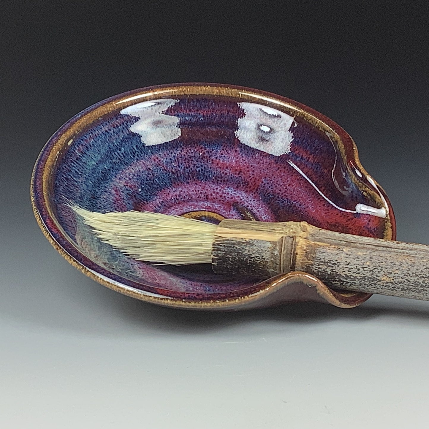 Handmade ceramic spoon rest stoneware pottery kitchenware - Red purple spiral spoon rest - item 3503