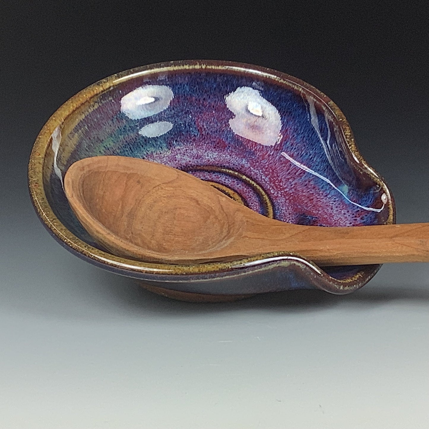 Handmade ceramic spoon rest stoneware pottery kitchenware - Purple spiral spoon rest - item 3498